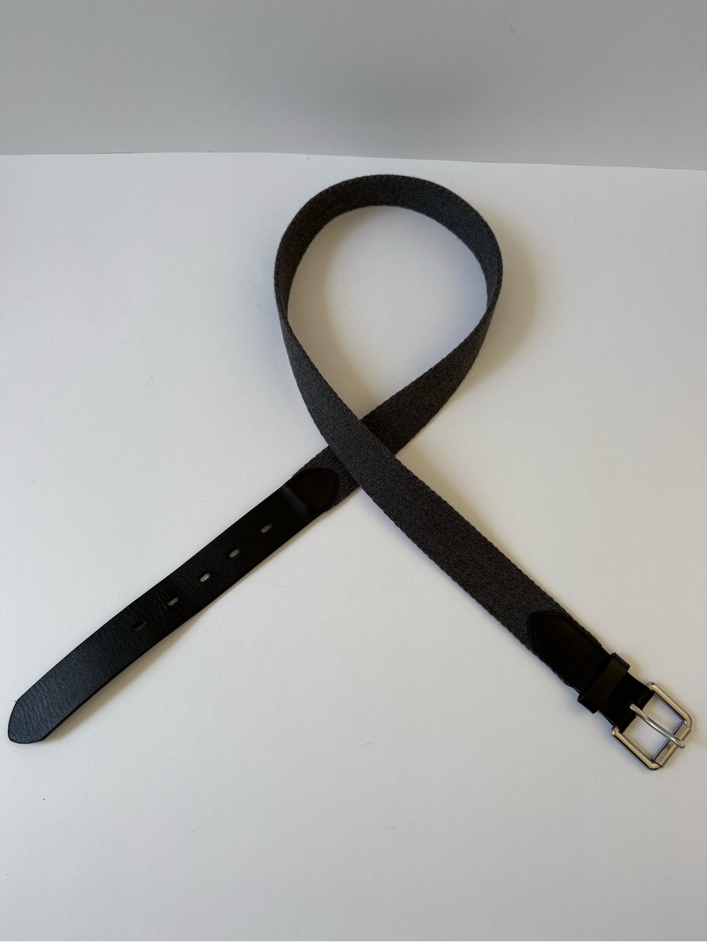 J.Crew Charcoal Grey Woven Fabric Black Leather Belt Silver Buckle Academia 38